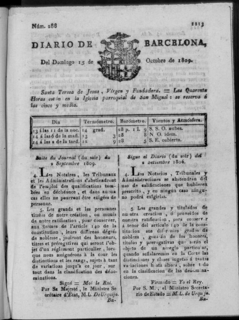 Miniatura de Diario de Barcelona del domingo 15 de octubre de 1809