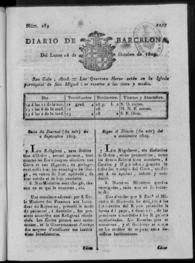 Miniatura de Diario de Barcelona del lunes 16 de octubre de 1809