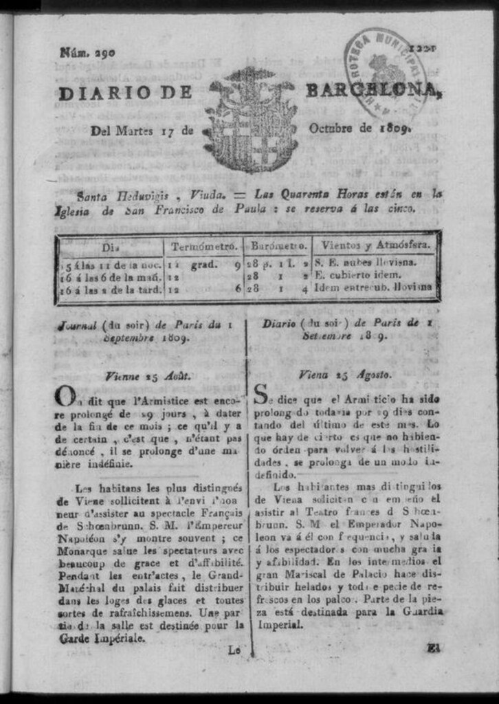 Miniatura de Diario de Barcelona del martes 17 de octubre de 1809