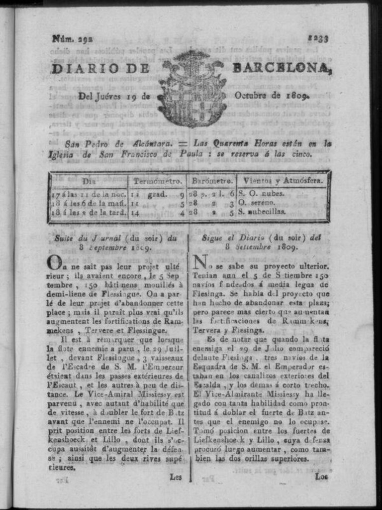 Miniatura de Diario de Barcelona del jueves 19 de octubre de 1809