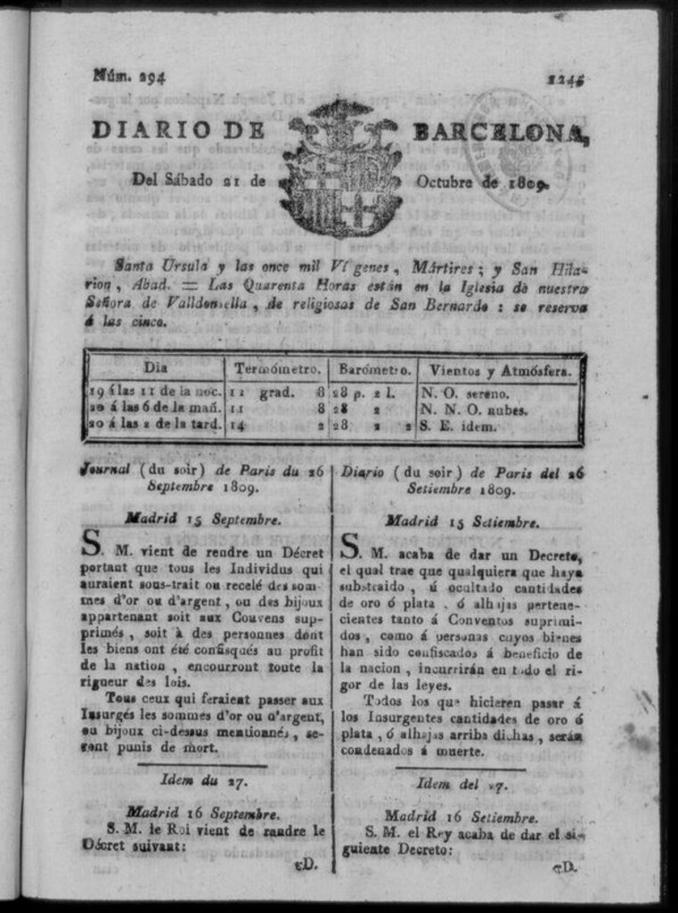Miniatura de Diario de Barcelona del sábado 21 de octubre de 1809