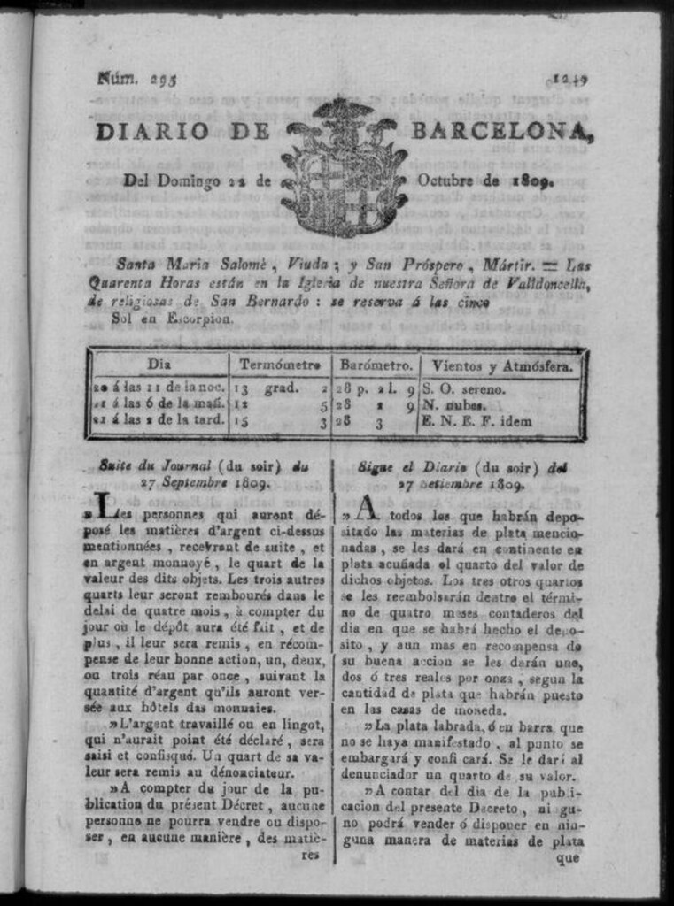 Miniatura de Diario de Barcelona del domingo 22 de octubre de 1809