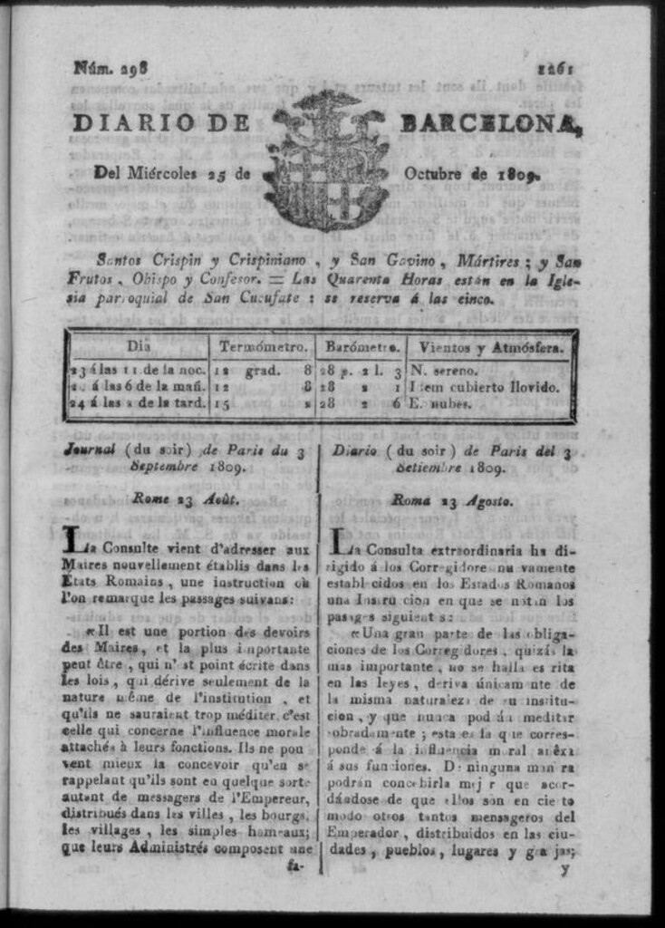 Miniatura de Diario de Barcelona del miércoles 25 de octubre de 1809