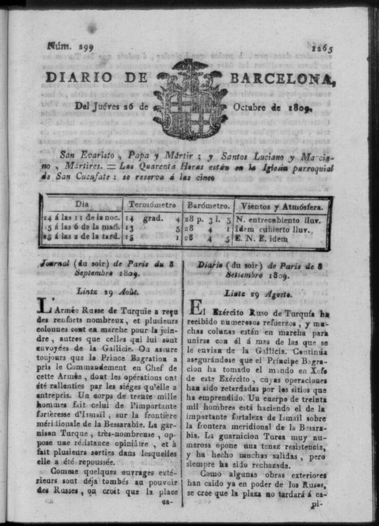 Miniatura de Diario de Barcelona del jueves 26 de octubre de 1809