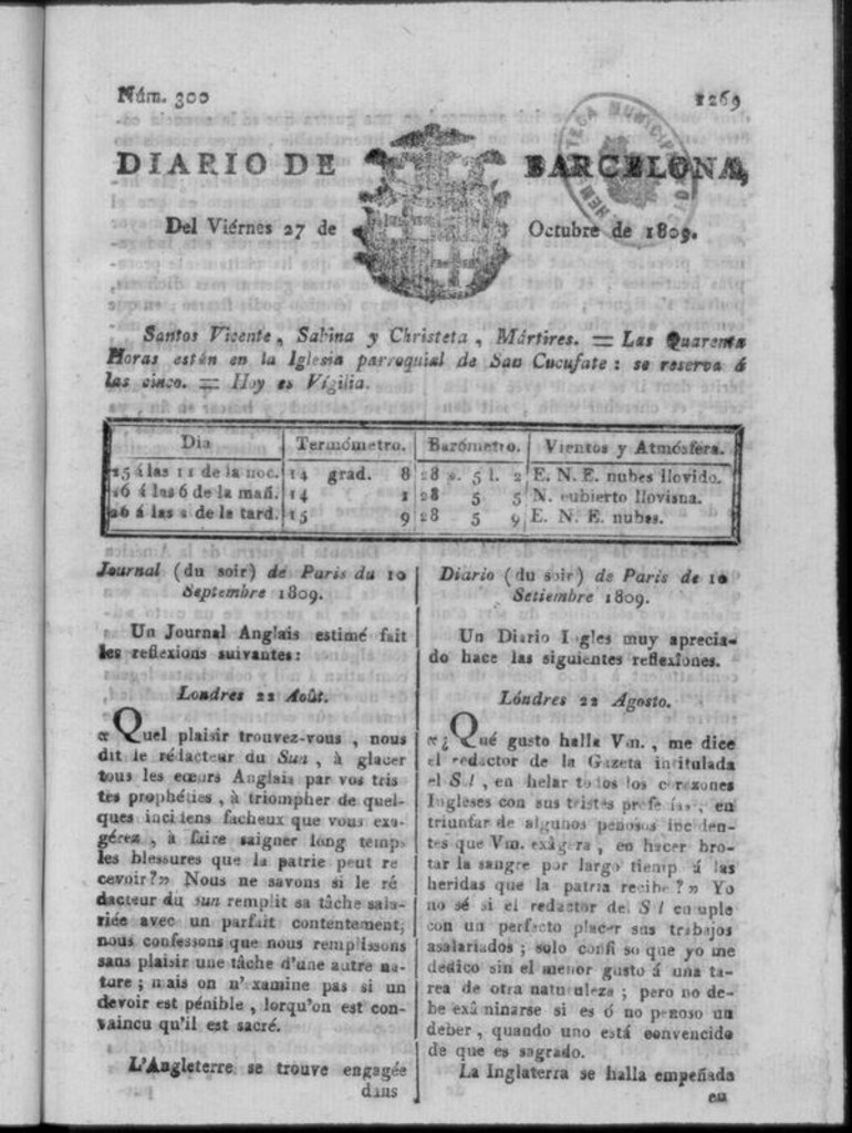 Miniatura de Diario de Barcelona del viernes 27 de octubre de 1809
