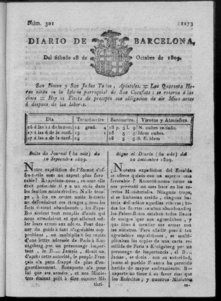 Miniatura de Diario de Barcelona del sábado 28 de octubre de 1809