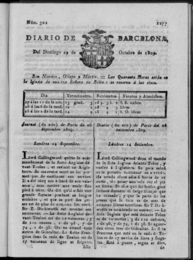 Miniatura de Diario de Barcelona del domingo 29 de octubre de 1809
