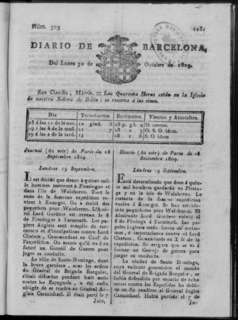 Miniatura de Diario de Barcelona del lunes 30 de octubre de 1809