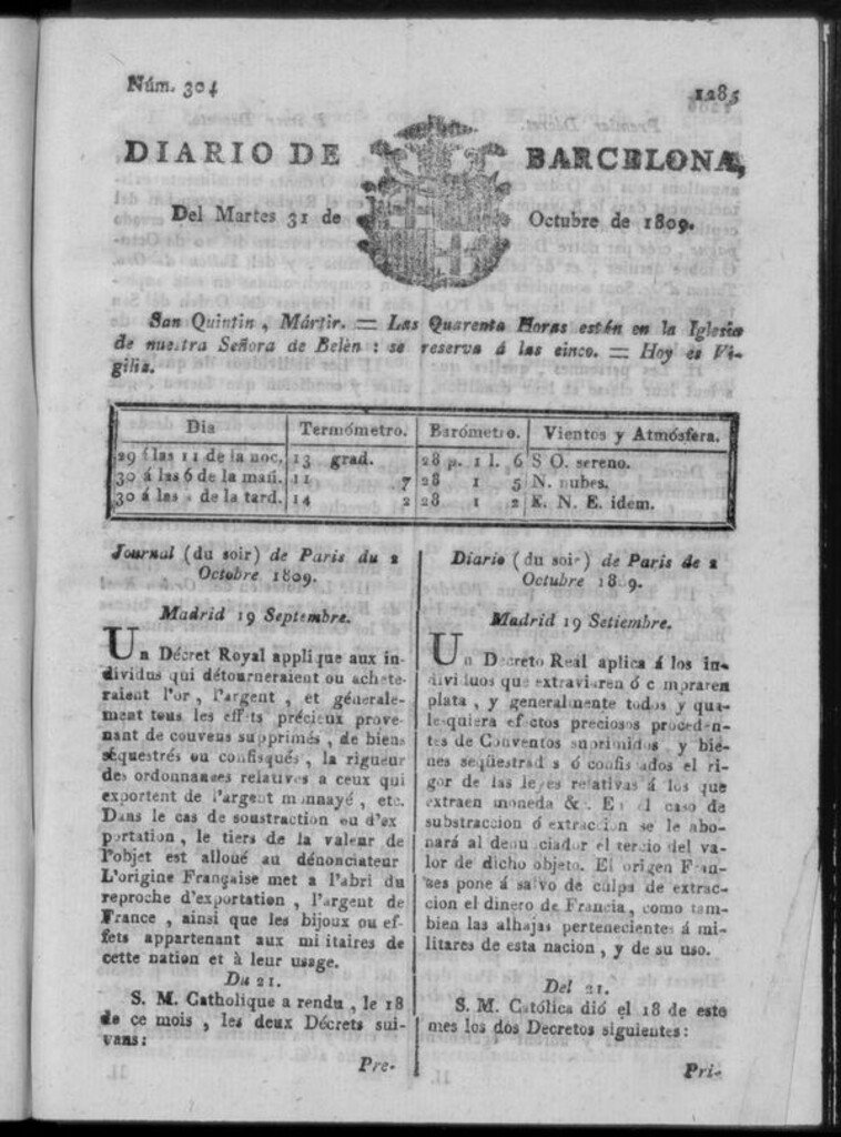 Miniatura de Diario de Barcelona del martes 31 de octubre de 1809