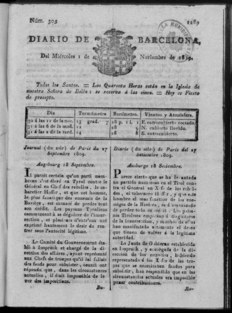 Miniatura de Diario de Barcelona del miércoles 1 de noviembre de 1809