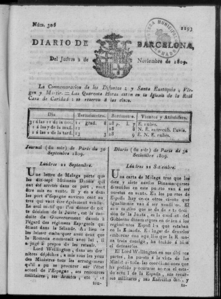 Miniatura de Diario de Barcelona del jueves 2 de noviembre de 1809