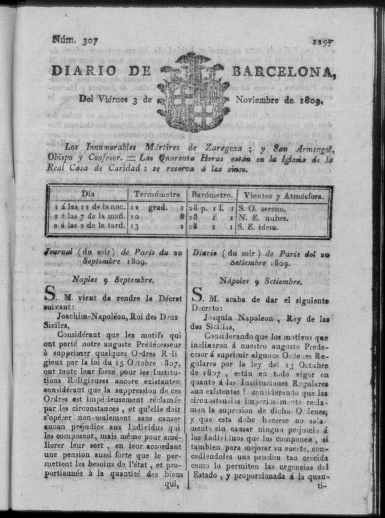 Miniatura de Diario de Barcelona del viernes 3 de noviembre de 1809