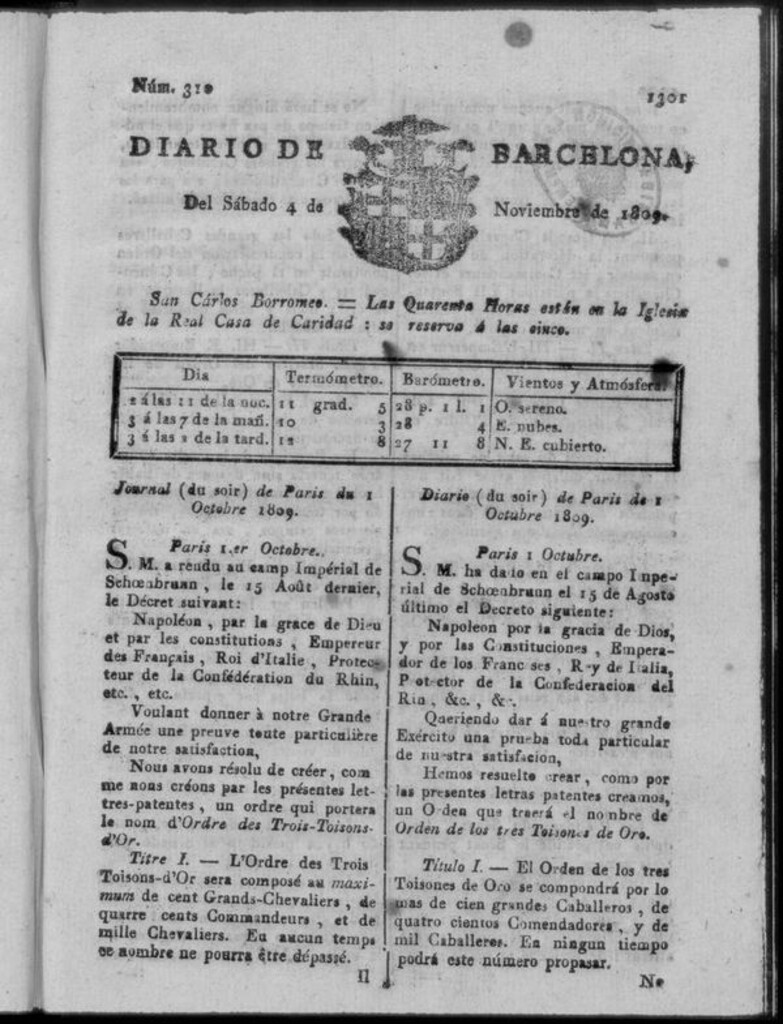 Miniatura de Diario de Barcelona del sábado 4 de noviembre de 1809