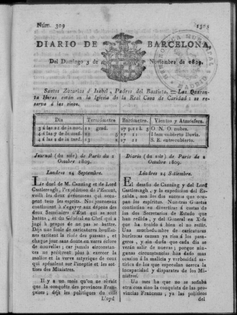 Miniatura de Diario de Barcelona del domingo 5 de noviembre de 1809