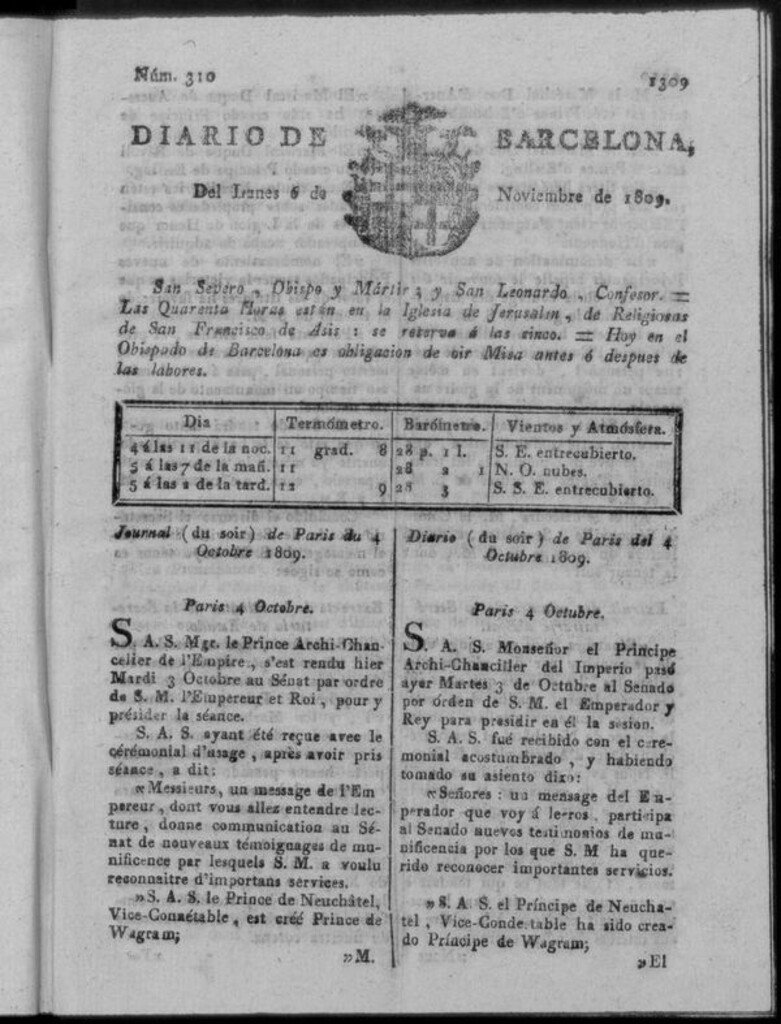 Miniatura de Diario de Barcelona del lunes 6 de noviembre de 1809