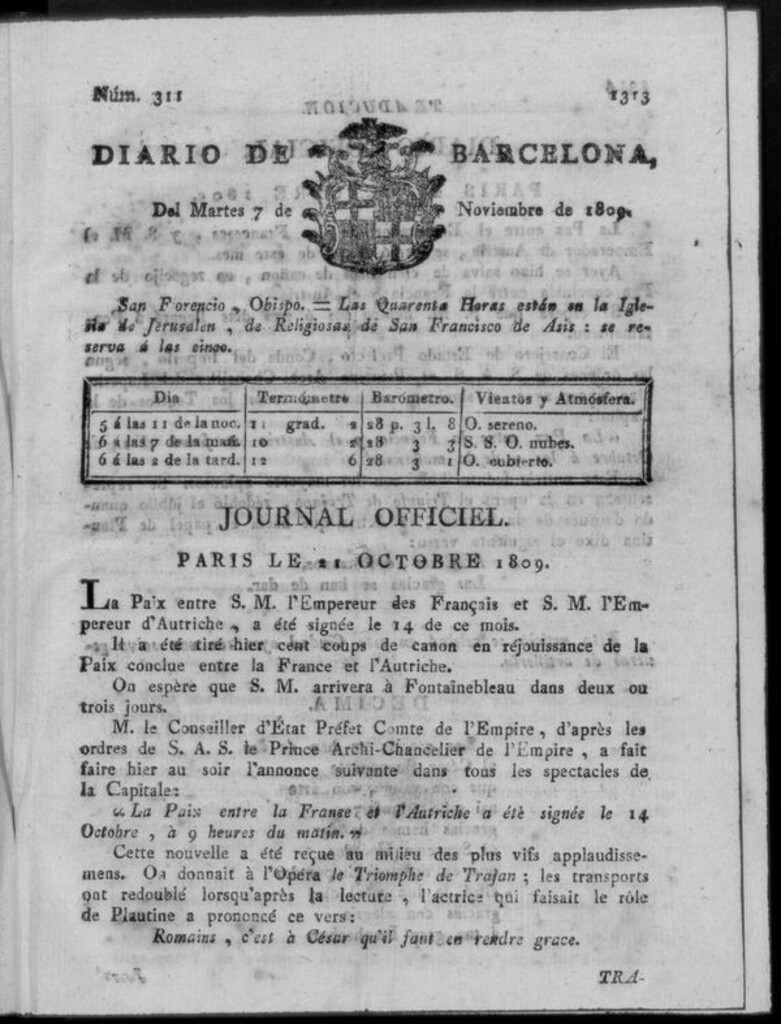 Miniatura de Diario de Barcelona del martes 7 de noviembre de 1809