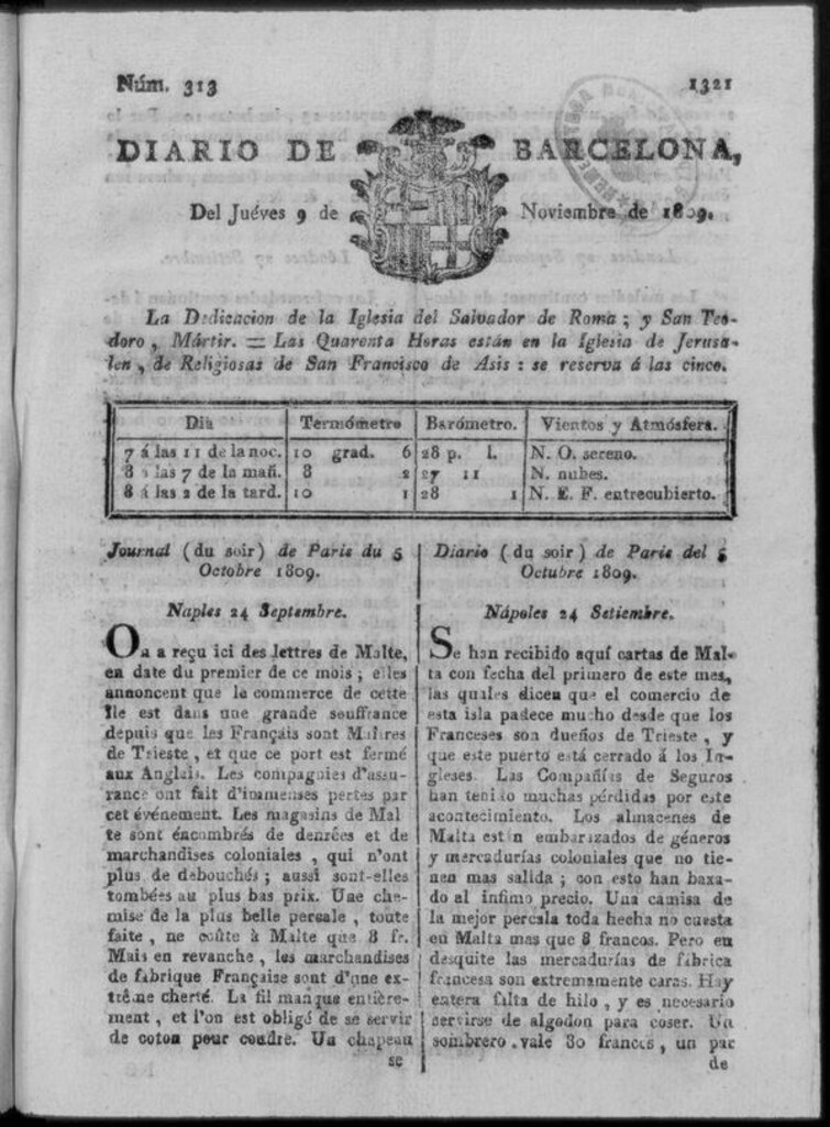 Miniatura de Diario de Barcelona del jueves 9 de noviembre de 1809