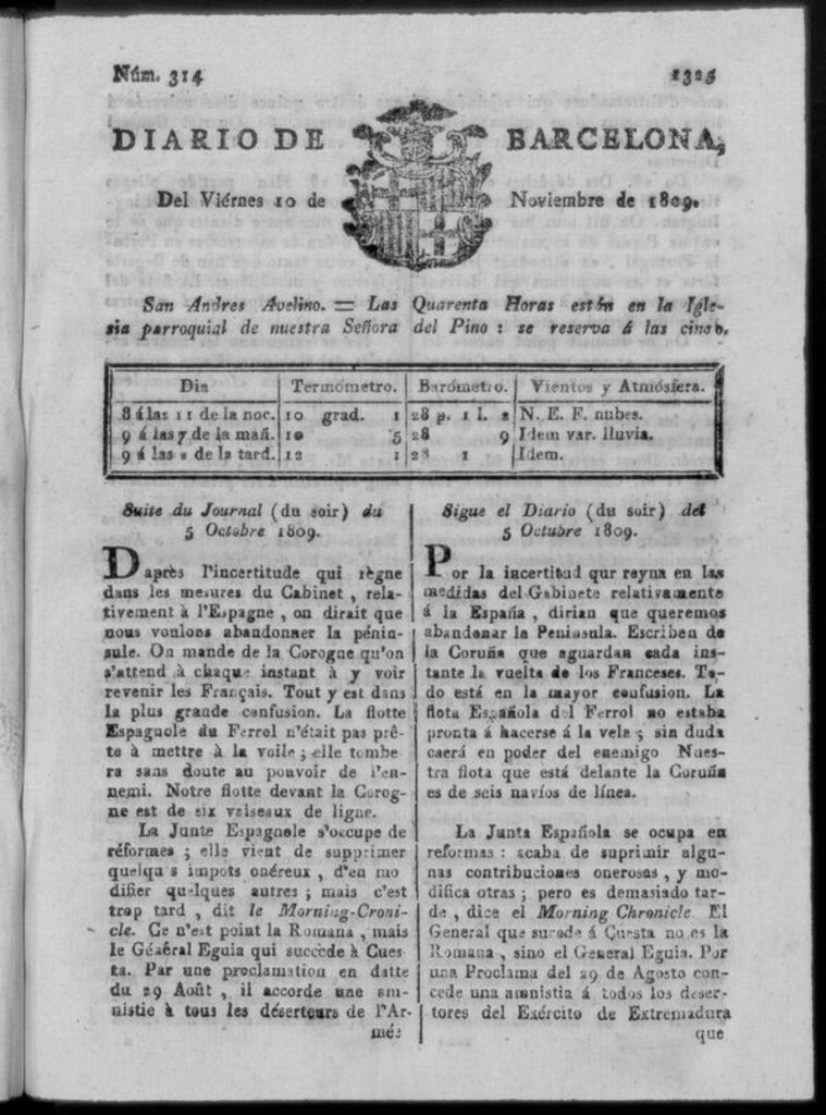 Miniatura de Diario de Barcelona del viernes 10 de noviembre de 1809