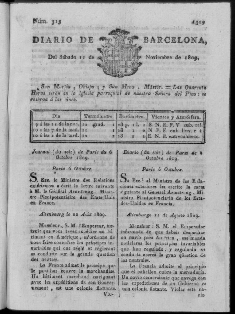 Miniatura de Diario de Barcelona del sábado 11 de noviembre de 1809