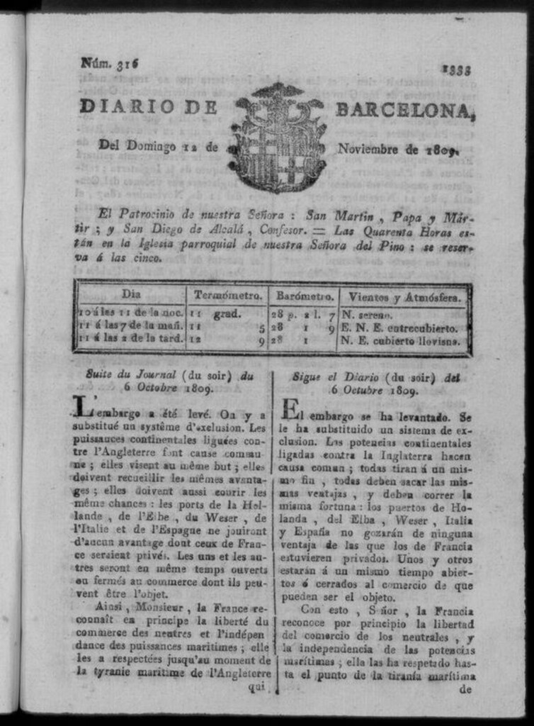 Miniatura de Diario de Barcelona del domingo 12 de noviembre de 1809