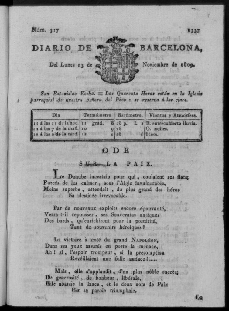 Miniatura de Diario de Barcelona del lunes 13 de noviembre de 1809