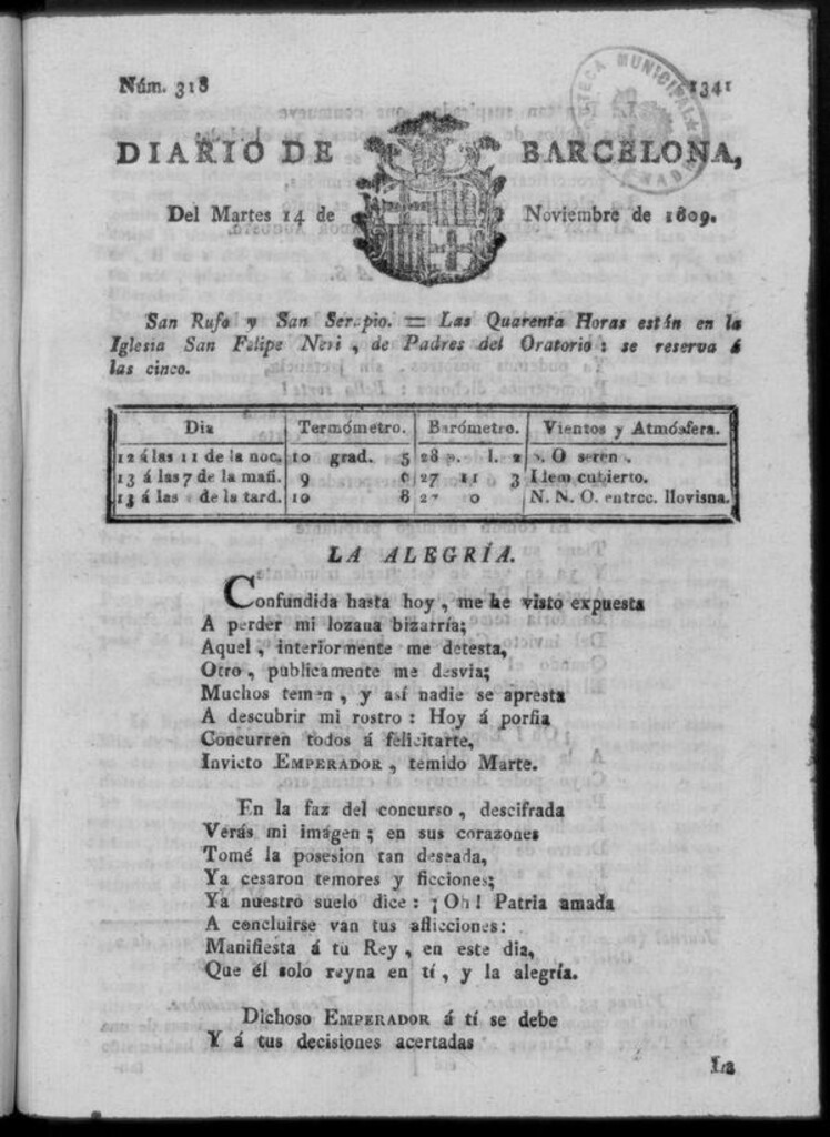 Miniatura de Diario de Barcelona del martes 14 de noviembre de 1809