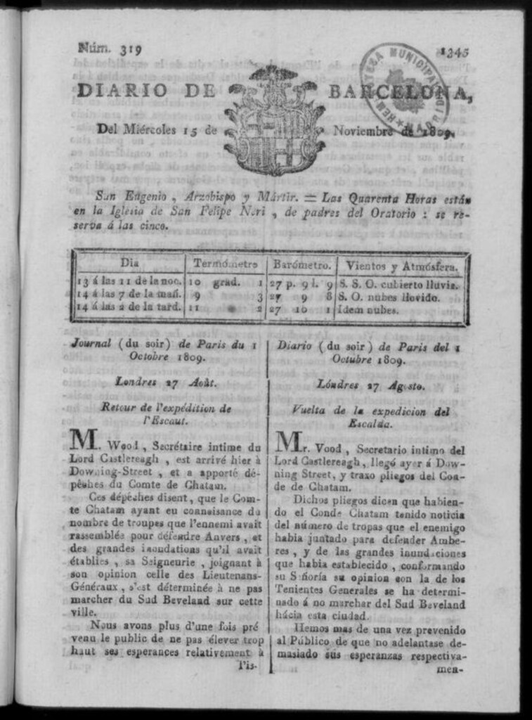 Miniatura de Diario de Barcelona del miércoles 15 de noviembre de 1809