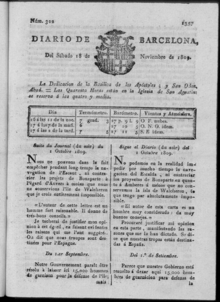 Miniatura de Diario de Barcelona del sábado 18 de noviembre de 1809