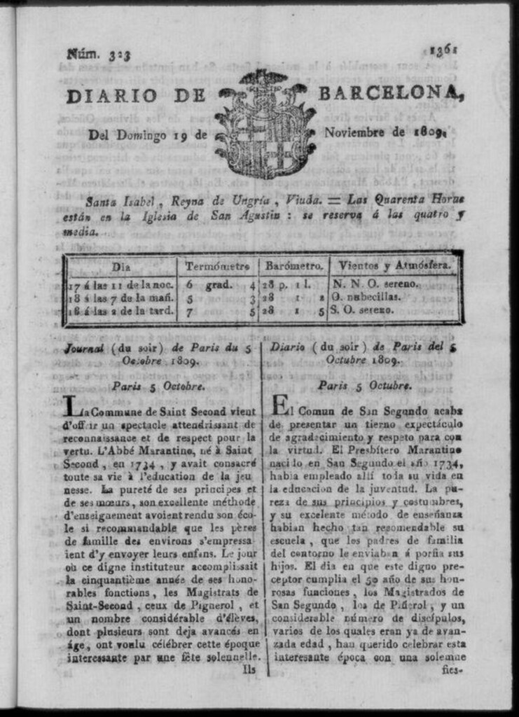 Miniatura de Diario de Barcelona del domingo 19 de noviembre de 1809