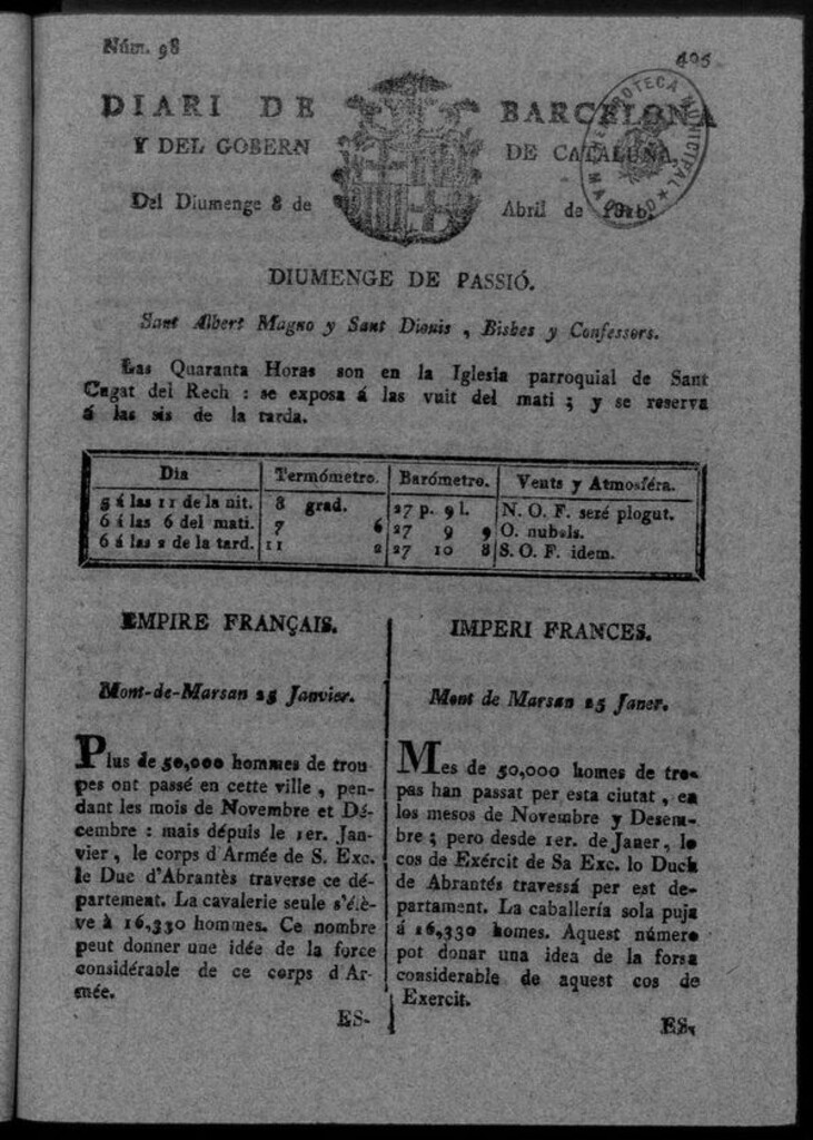 Miniatura de Diario de Barcelona del domingo 8 de Abril de 1810