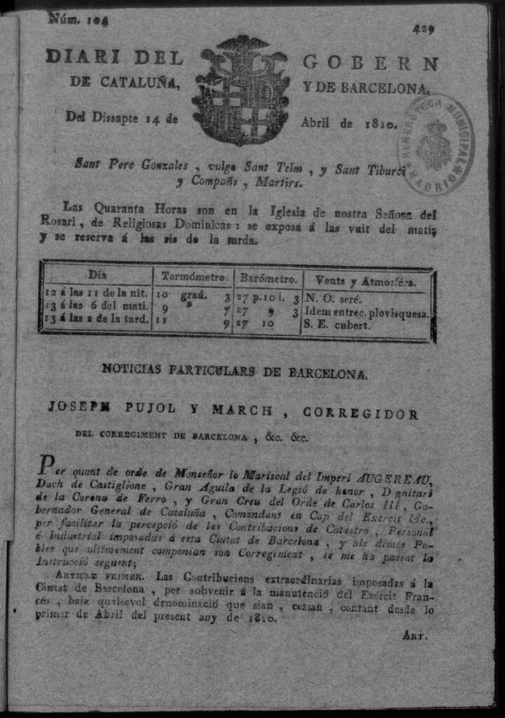 Miniatura de Diario de Barcelona del sábado 14 de Abril de 1810