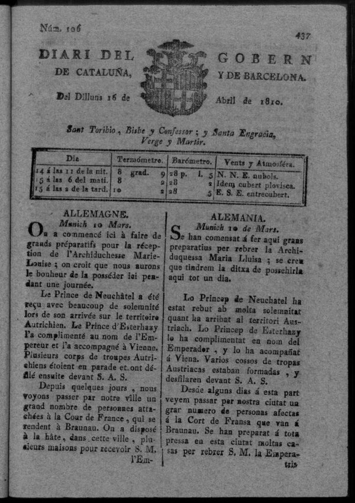 Miniatura de Diario de Barcelona del lunes 16 de Abril de 1810