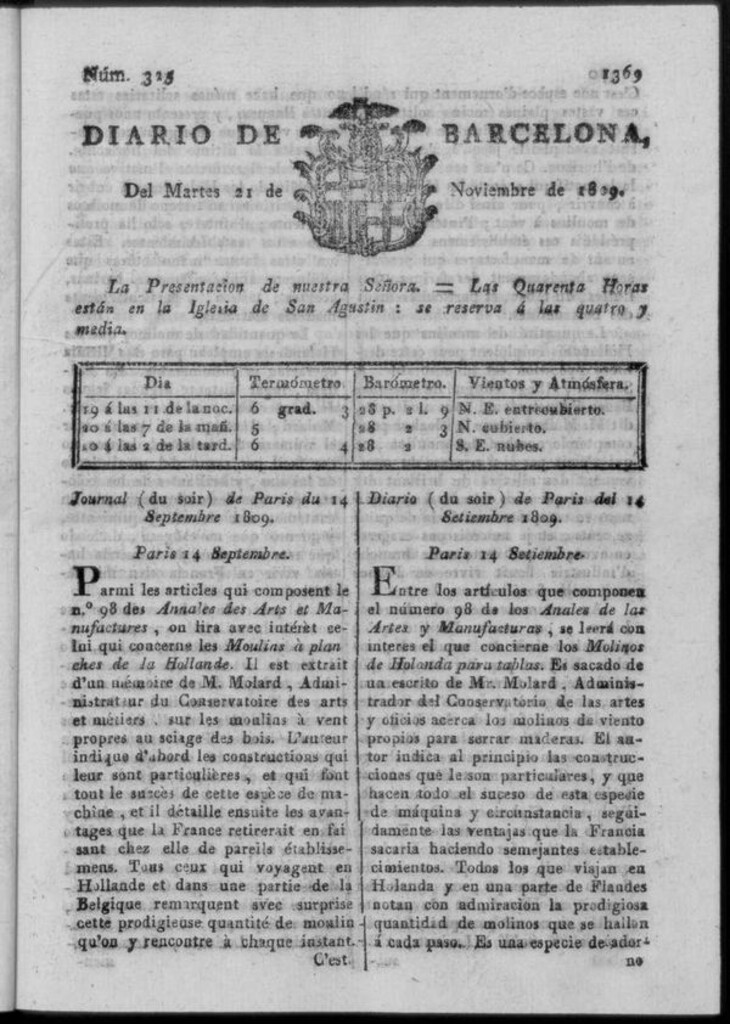 Miniatura de Diario de Barcelona del martes 21 de noviembre de 1809