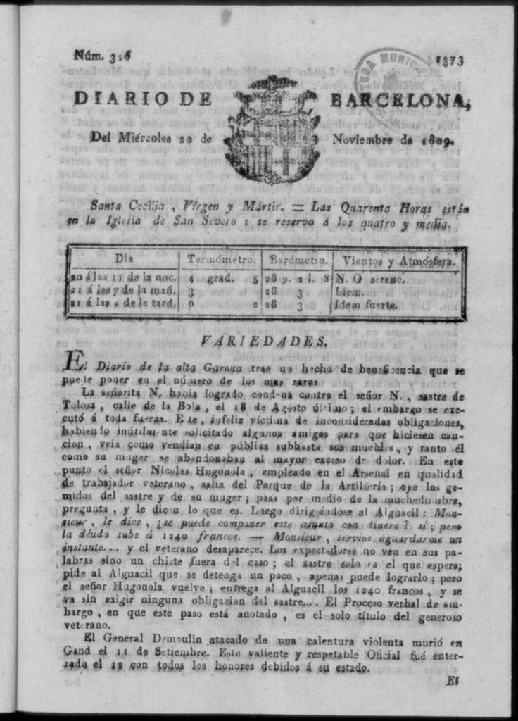 Miniatura de Diario de Barcelona del miércoles 22 de noviembre de 1809