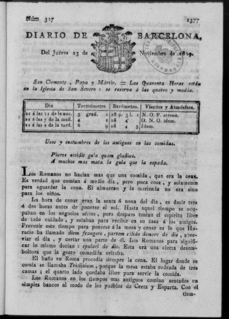 Miniatura de Diario de Barcelona del jueves 23 de noviembre de 1809
