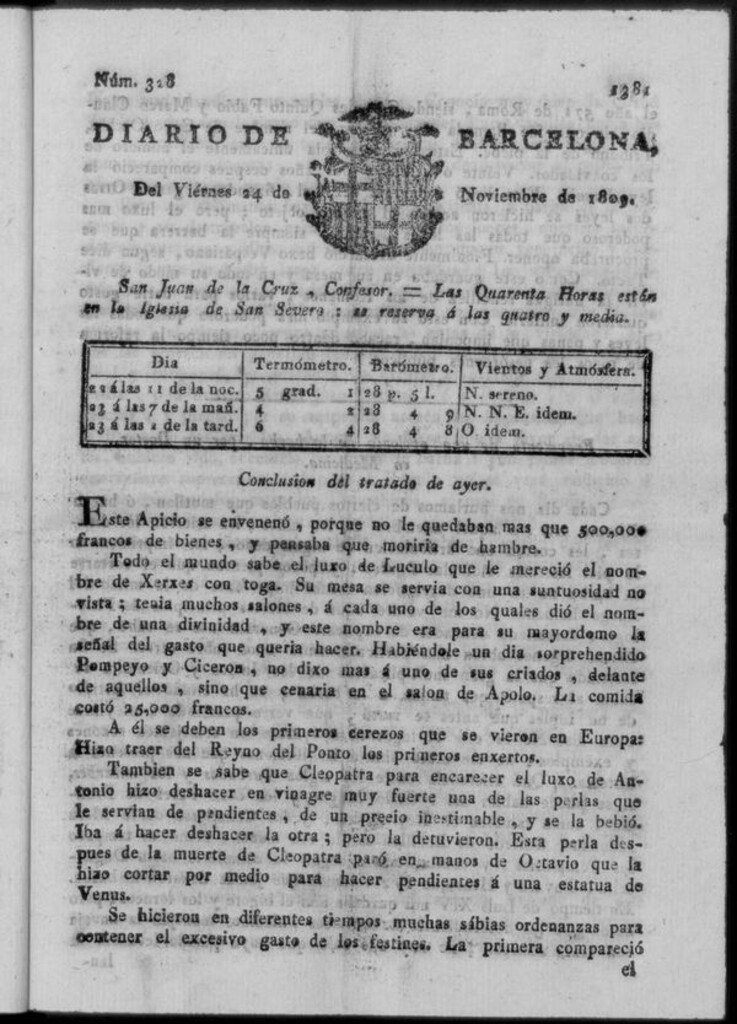 Miniatura de Diario de Barcelona del viernes 24 de noviembre de 1809