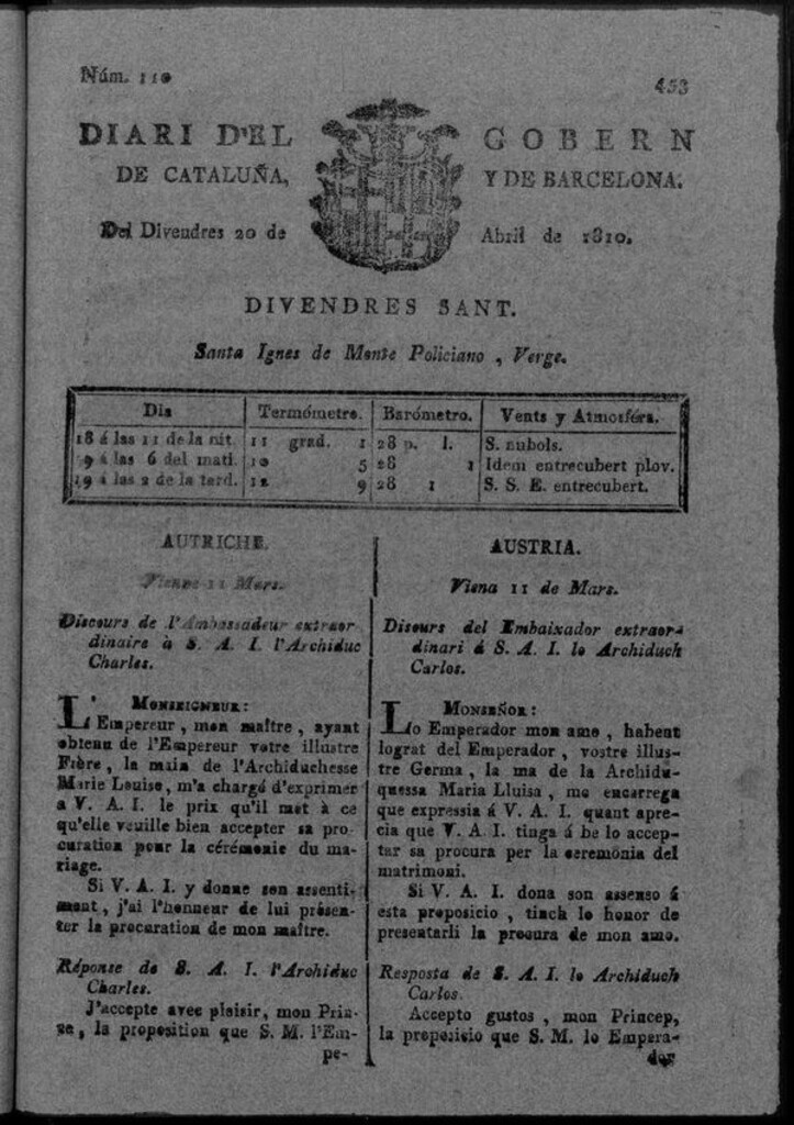 Miniatura de Diario de Barcelona del viernes 20 de Abril de 1810