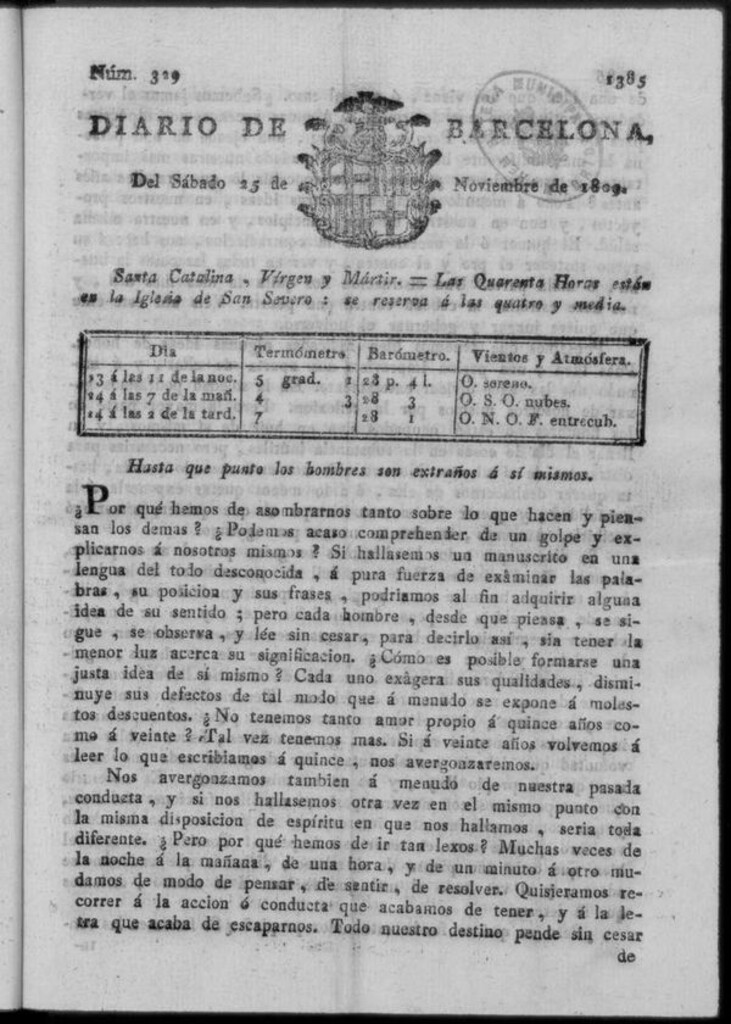 Miniatura de Diario de Barcelona del sábado 25 de noviembre de 1809