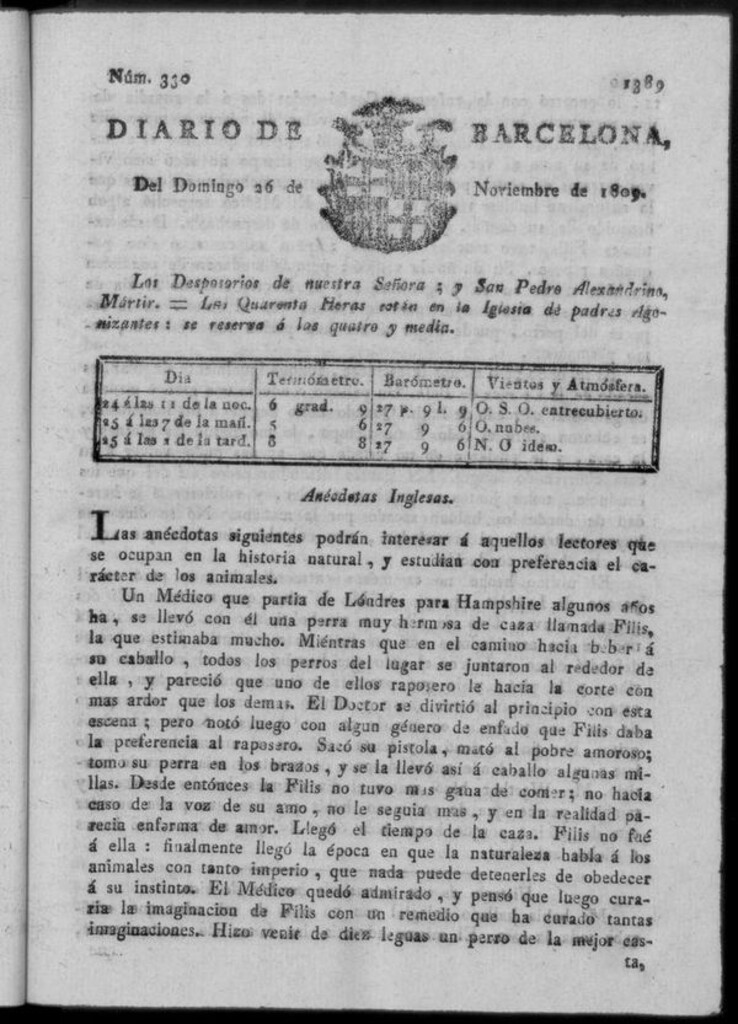 Miniatura de Diario de Barcelona del domingo 26 de noviembre de 1809
