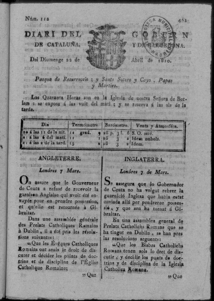 Miniatura de Diario de Barcelona del domingo 22 de Abril de 1810