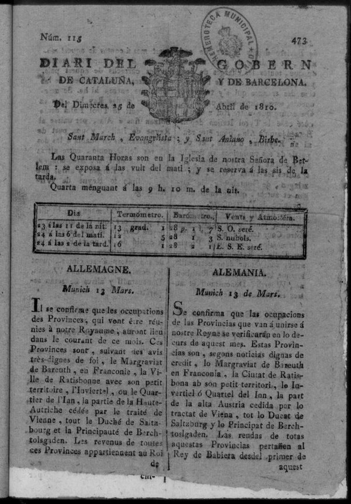 Miniatura de Diario de Barcelona del miércoles 25 de Abril de 1810