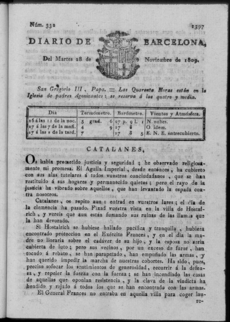Miniatura de Diario de Barcelona del martes 28 de noviembre de 1809