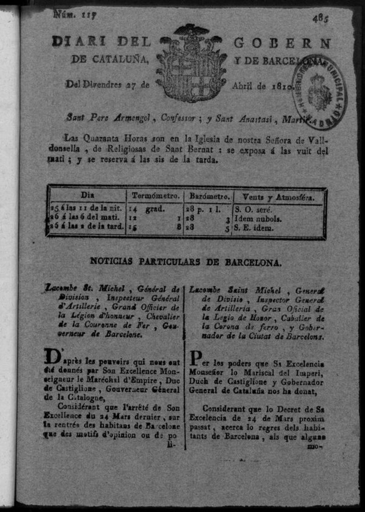Miniatura de Diario de Barcelona del viernes 27 de Abril de 1810