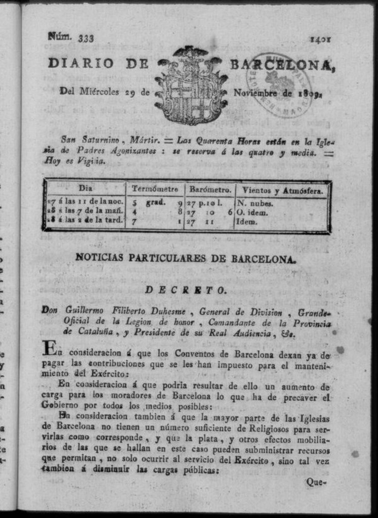 Miniatura de Diario de Barcelona del miércoles 29 de noviembre de 1809