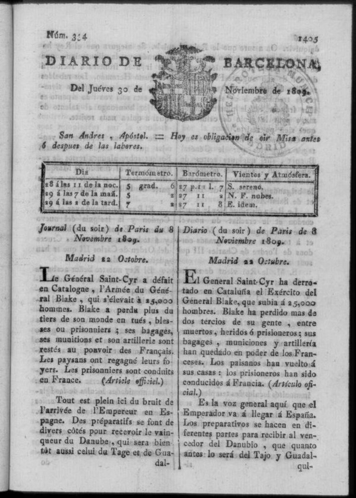 Miniatura de Diario de Barcelona del jueves 30 de noviembre de 1809