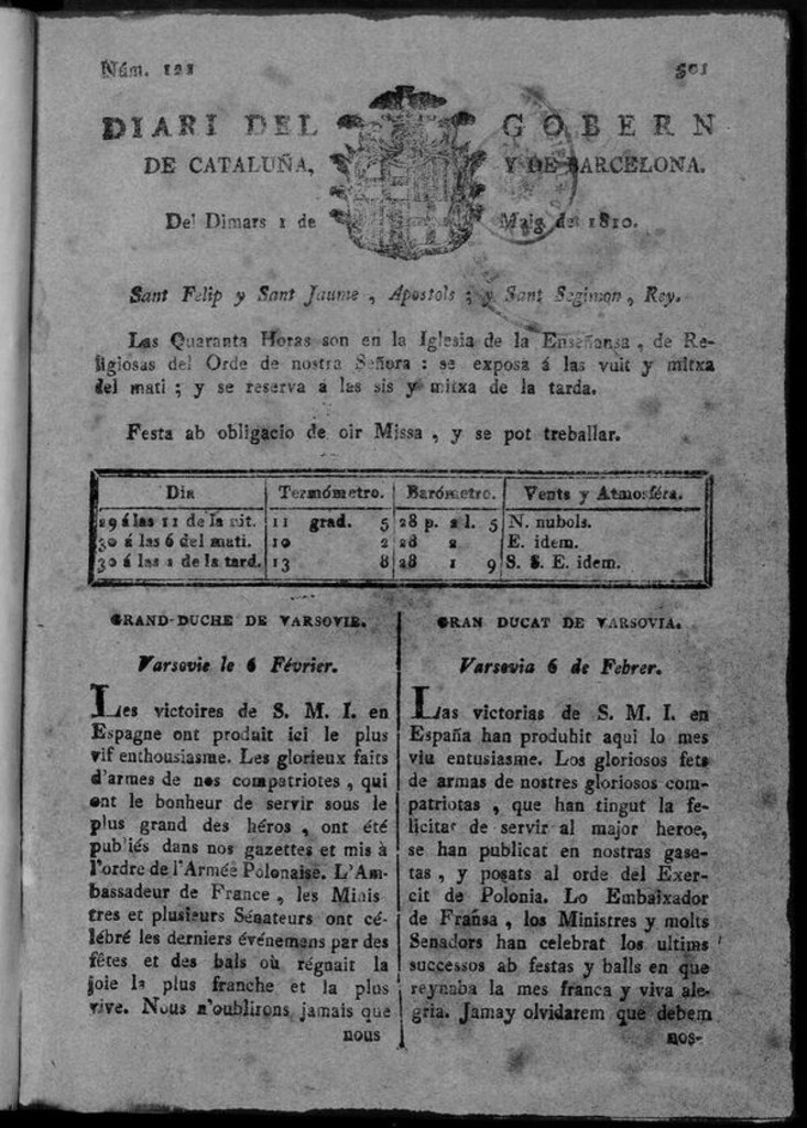 Miniatura de Diario de Barcelona del martes 1 de mayo de 1810