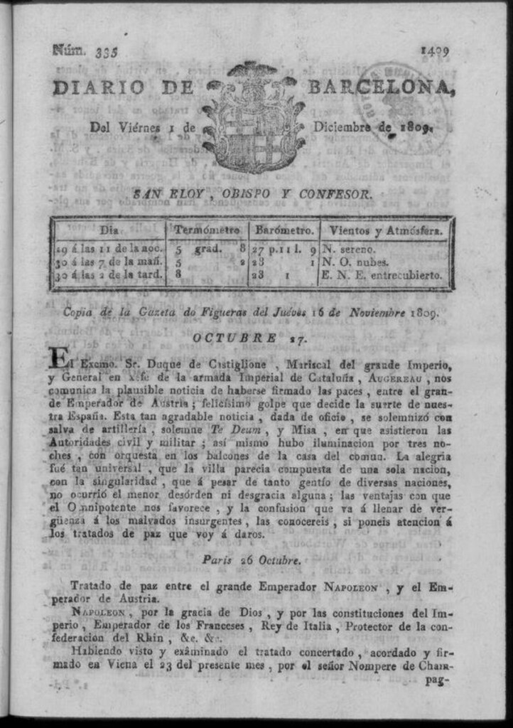 Miniatura de Diario de Barcelona del viernes 1 de diciembre de 1809
