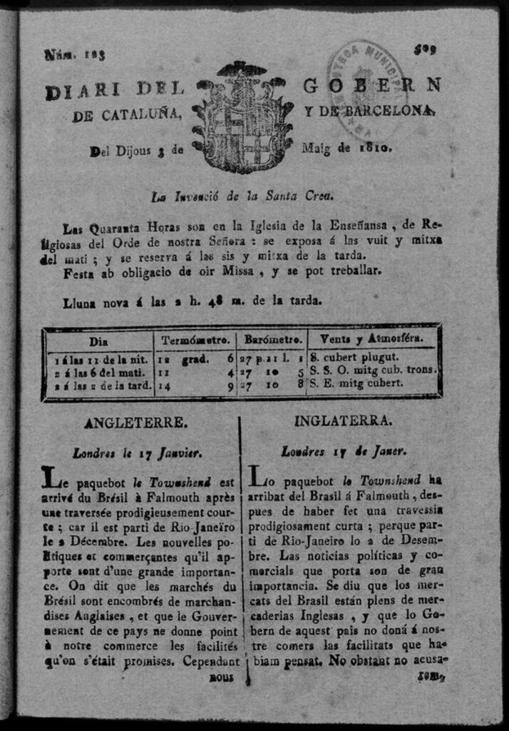 Miniatura de Diario de Barcelona del jueves 3 de mayo de 1810