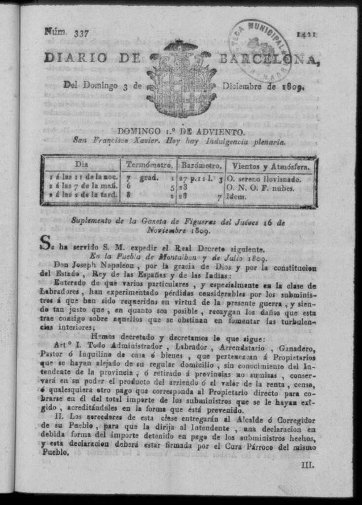 Miniatura de Diario de Barcelona del domingo 3 de diciembre de 1809