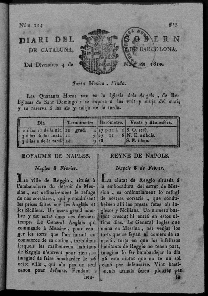 Miniatura de Diario de Barcelona del viernes 4 de mayo de 1810